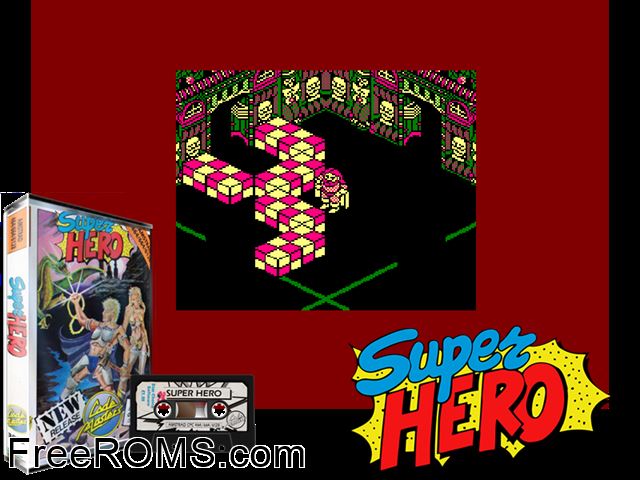 Super Hero (UK) (1988) Amstrad CPC game showing 3D box cover and gameplay screenshot