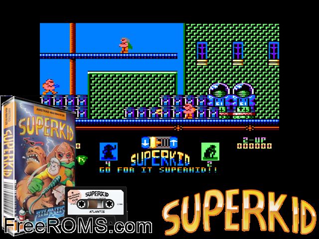 Superkid (UK) (1990) Amstrad CPC game showing 3D box cover and gameplay screenshot