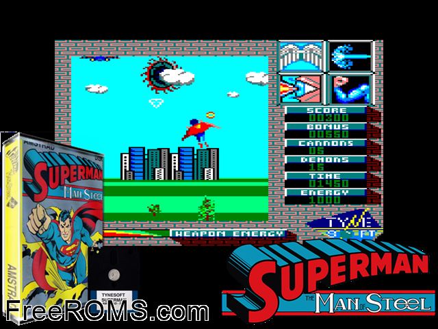 Superman (UK) (1987) Amstrad CPC game showing 3D box cover and gameplay screenshot