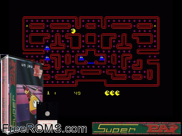 Super Pac (F) (1985) Amstrad CPC game showing 3D box cover and gameplay screenshot