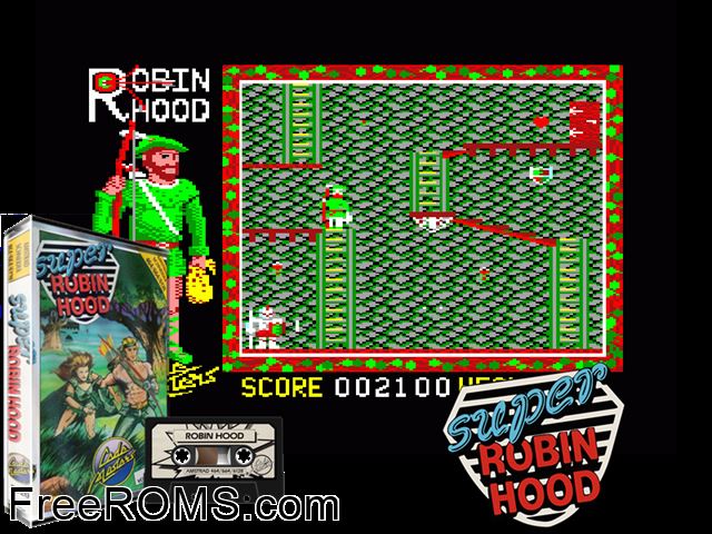Super Robin Hood (UK) (1986) Amstrad CPC game showing 3D box cover and gameplay screenshot