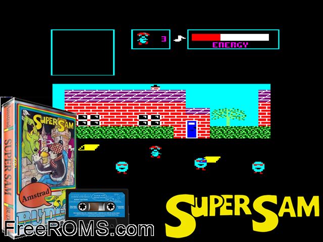 Super Sam (UK) (1985) Amstrad CPC game showing 3D box cover and gameplay screenshot