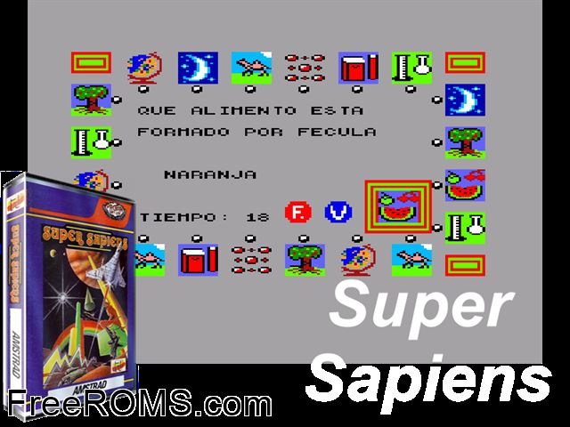 Super Sapiens (S) (19xx) Amstrad CPC game showing 3D box cover and gameplay screenshot