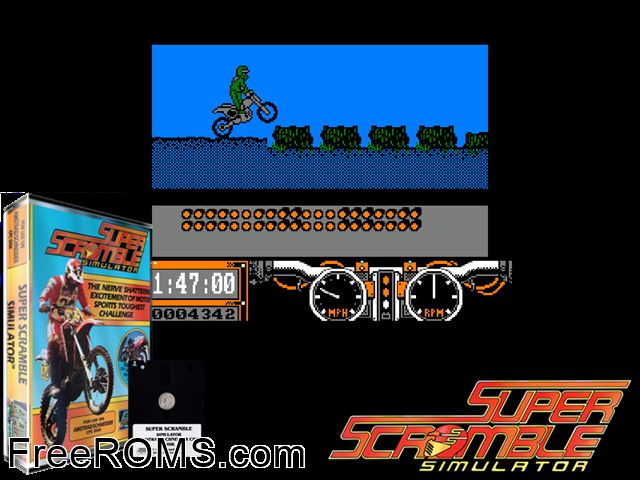 Super Scramble Simulator (UK) (1989) Amstrad CPC game showing 3D box cover and gameplay screenshot