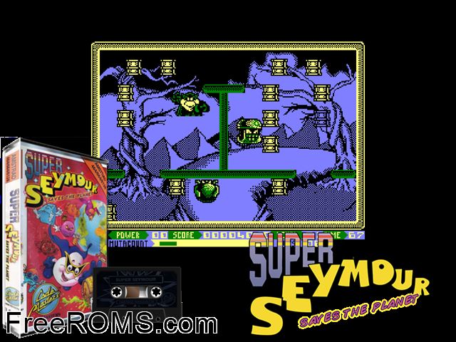Super Seymour Saves The Planet! (UK) (1992) Amstrad CPC game showing 3D box cover and gameplay screenshot