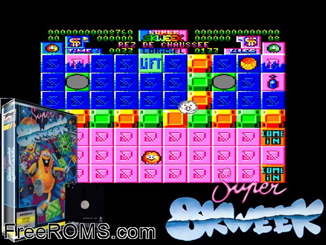 Super Skweek (UK) (1991) Amstrad CPC game showing 3D box cover and gameplay screenshot
