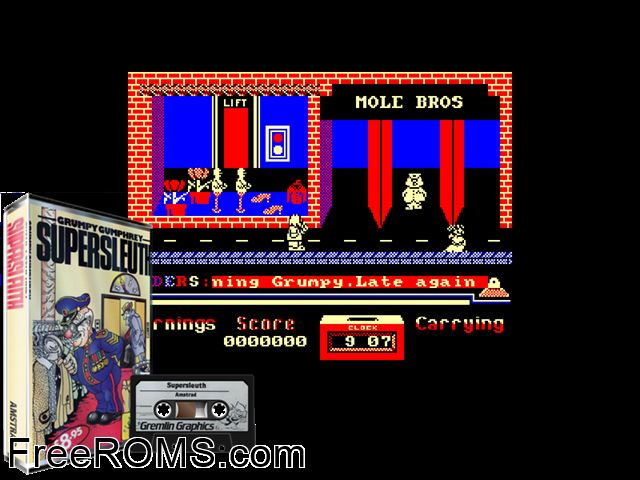 Super Sleuth - Grumpy Gumphrey (UK) (1986) Amstrad CPC game showing 3D box cover and gameplay screenshot