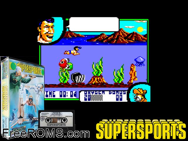 Super Sports - Olympic Challenge (UK) (1988) Amstrad CPC game showing 3D box cover and gameplay screenshot