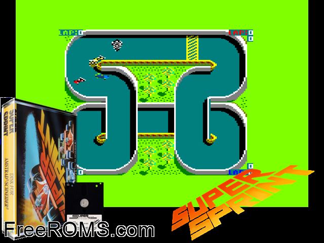Super Sprint (UK) (1987) Amstrad CPC game showing 3D box cover and gameplay screenshot