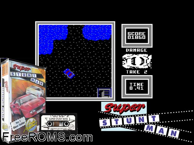 Super Stunt Man (UK) (1987) Amstrad CPC game showing 3D box cover and gameplay screenshot