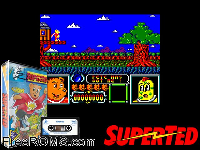 Super Ted (UK) (1990) Amstrad CPC game showing 3D box cover and gameplay screenshot