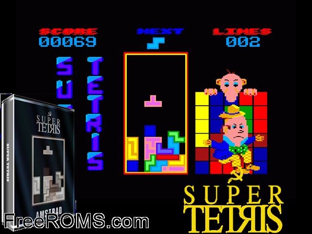 Super Tetris (UK) (1997) (PD) Amstrad CPC game showing 3D box cover and gameplay screenshot
