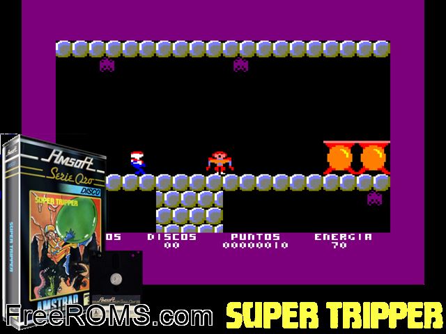 Supertripper (S) (1985) Amstrad CPC game showing 3D box cover and gameplay screenshot