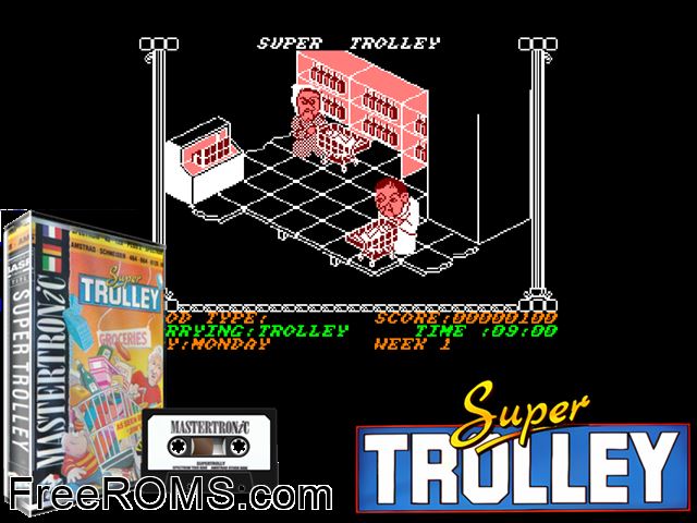 Super Trolley (UK) (1988) Amstrad CPC game showing 3D box cover and gameplay screenshot