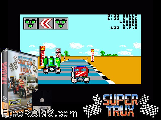 Super Trux (UK) (1988) Amstrad CPC game showing 3D box cover and gameplay screenshot