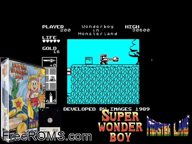 Super Wonderboy in Monster Land (UK) (1989) (Disk 2 of 2) Amstrad CPC game showing 3D box cover and gameplay screenshot