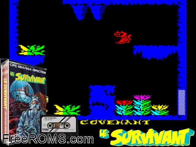 Survivant, Le (F) (1985) Amstrad CPC game showing 3D box cover and gameplay screenshot