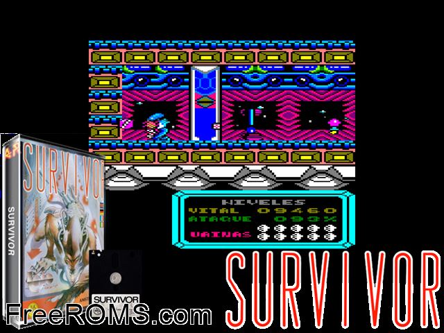 Survivor (S) (1987) Amstrad CPC game showing 3D box cover and gameplay screenshot