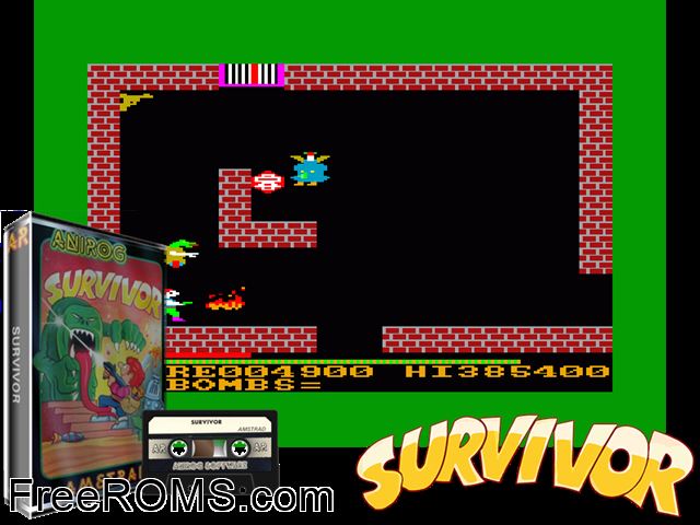 Survivor, The (UK) (1984) Amstrad CPC game showing 3D box cover and gameplay screenshot