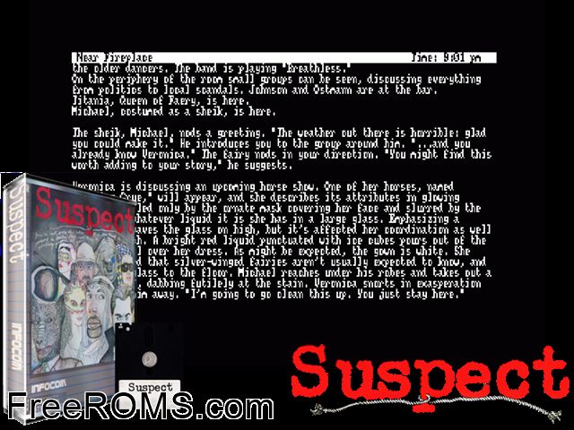 Suspect (UK) (1984) Amstrad CPC game showing 3D box cover and gameplay screenshot