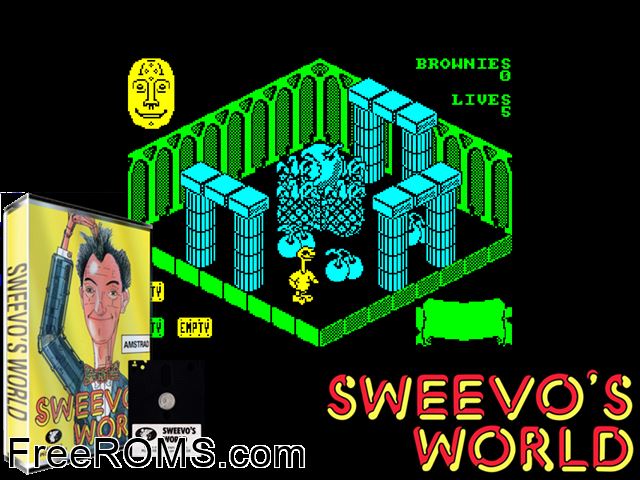 Sweevo's World (UK) (1986) Amstrad CPC game showing 3D box cover and gameplay screenshot