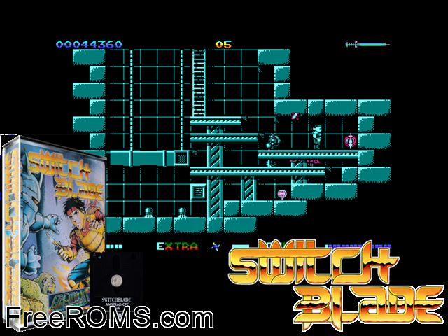 Switch Blade (UK) (1990) Amstrad CPC game showing 3D box cover and gameplay screenshot