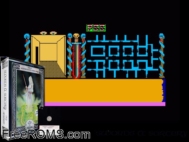 Swords and Sorcery (UK) (1985) Amstrad CPC game showing 3D box cover and gameplay screenshot