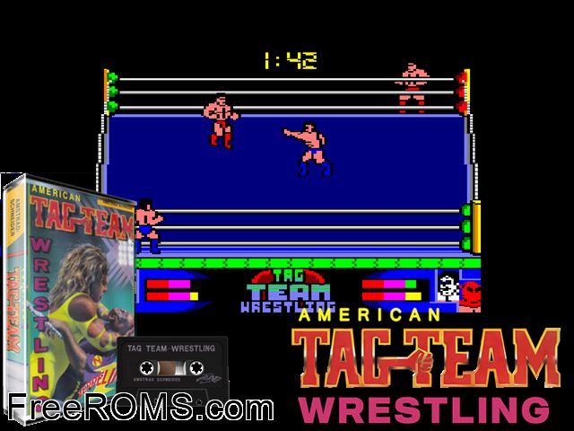 Tag Team Wrestling (UK) (1992) Amstrad CPC game showing 3D box cover and gameplay screenshot
