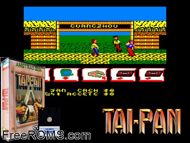 Tai-Pan (UK) (1986) Amstrad CPC game showing 3D box cover and gameplay screenshot