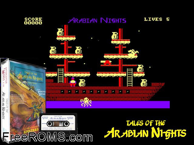 Tales of the Arabian Nights (UK) (1985) Amstrad CPC game showing 3D box cover and gameplay screenshot