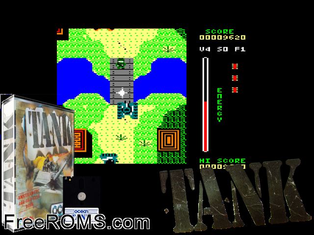 Tank (UK) (1987) Amstrad CPC game showing 3D box cover and gameplay screenshot