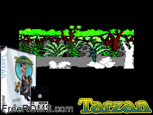 Tarzan (UK) (1986) Amstrad CPC game showing 3D box cover and gameplay screenshot