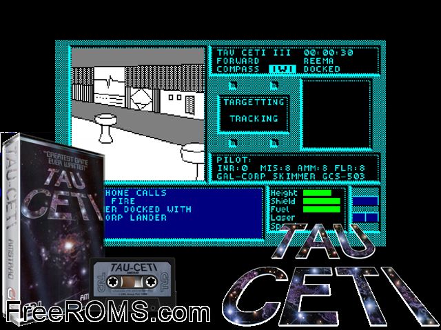 Tau Ceti (UK) (1986) Amstrad CPC game showing 3D box cover and gameplay screenshot