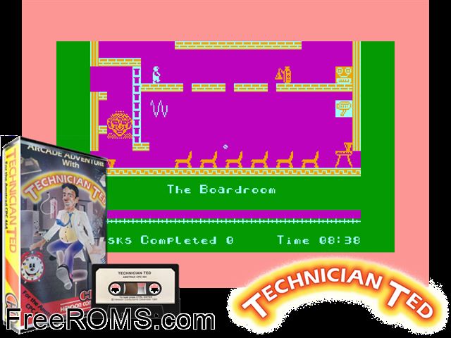 Technician Ted - Chip Factory (UK) (1984) Amstrad CPC game showing 3D box cover and gameplay screenshot