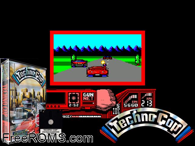 Techno Cop (UK) (1988) Amstrad CPC game showing 3D box cover and gameplay screenshot