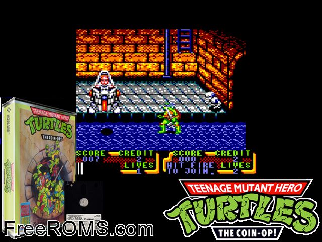 Teenage Mutant Hero Turtles 2 (UK) (1991) (Disk 1 of 2) Amstrad CPC game showing 3D box cover and gameplay screenshot