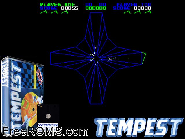 Tempest (UK) (1986) Amstrad CPC game showing 3D box cover and gameplay screenshot