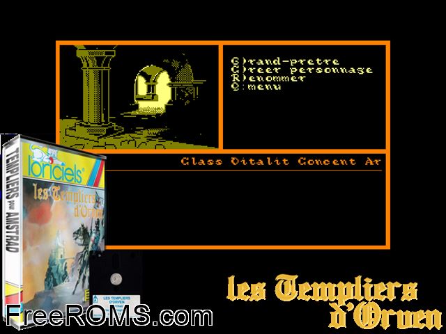 Templiers d' Orven, Les (F) (1986) (Disk 1 of 2) Amstrad CPC game showing 3D box cover and gameplay screenshot