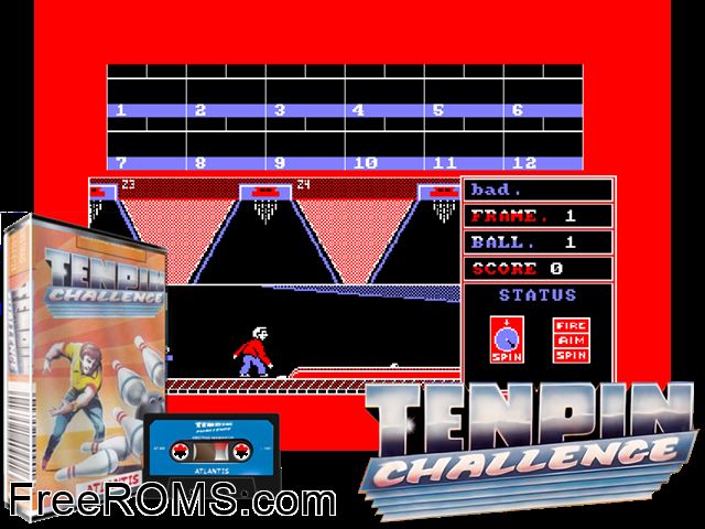 Ten-Pin Challenge (UK) (1987) Amstrad CPC game showing 3D box cover and gameplay screenshot