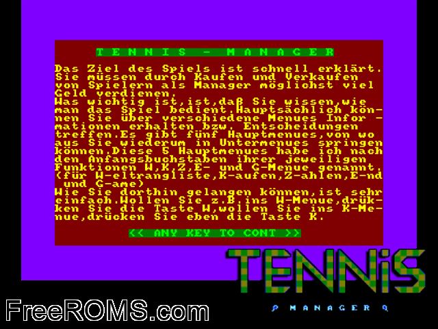 Tennis Manager (G) (19xx) Amstrad CPC game showing 3D box cover and gameplay screenshot