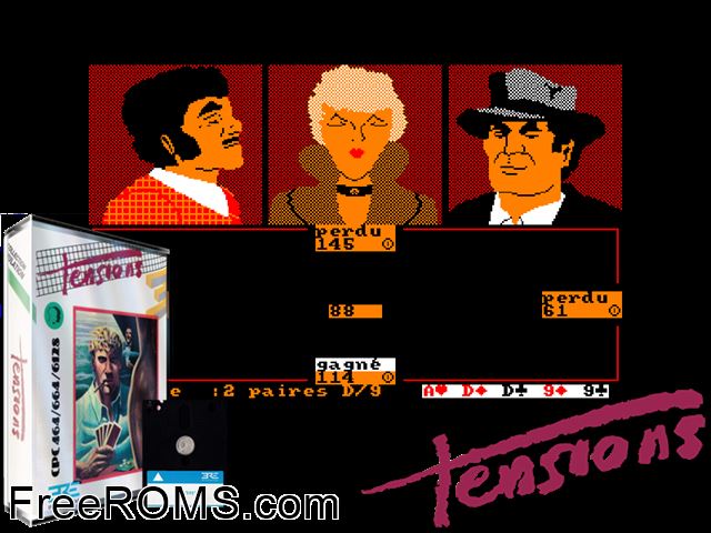 Tensions (UK,F,G) (1986) Amstrad CPC game showing 3D box cover and gameplay screenshot