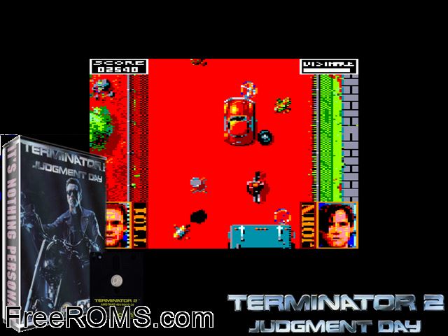 Terminator 2 (UK) (1991) Amstrad CPC game showing 3D box cover and gameplay screenshot