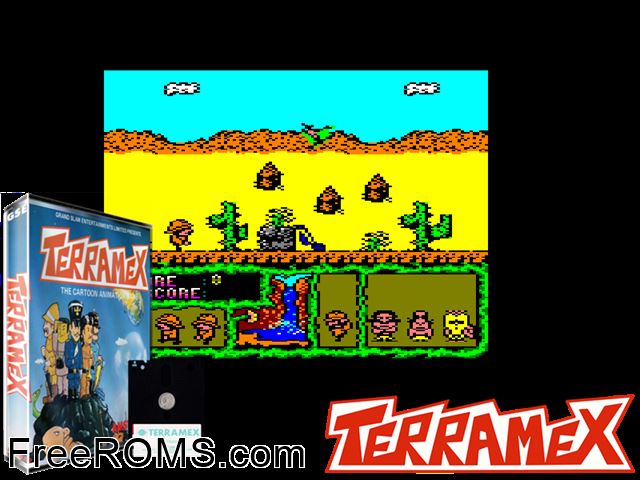 Terramex (UK) (1988) Amstrad CPC game showing 3D box cover and gameplay screenshot