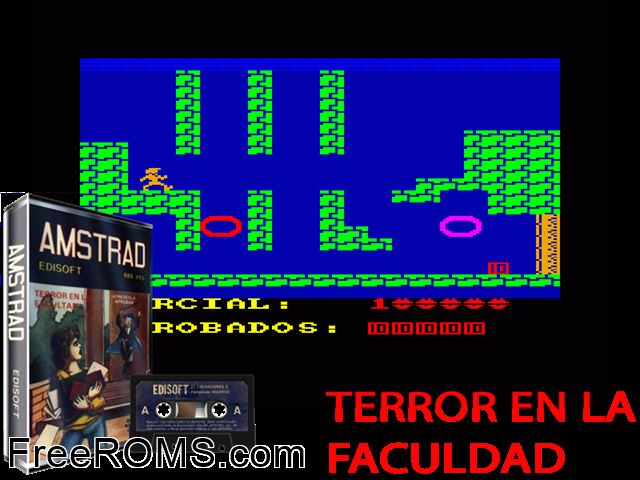 Terror En La Facultad (S) (1987) Amstrad CPC game showing 3D box cover and gameplay screenshot
