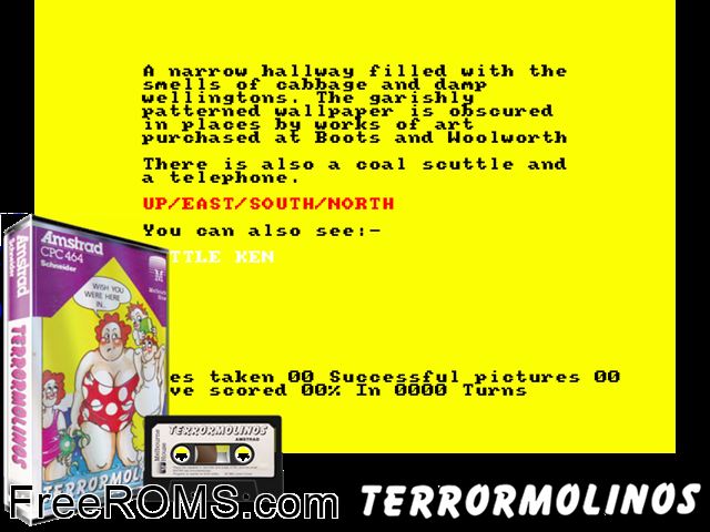 Terror Molinos (UK) (1985) Amstrad CPC game showing 3D box cover and gameplay screenshot