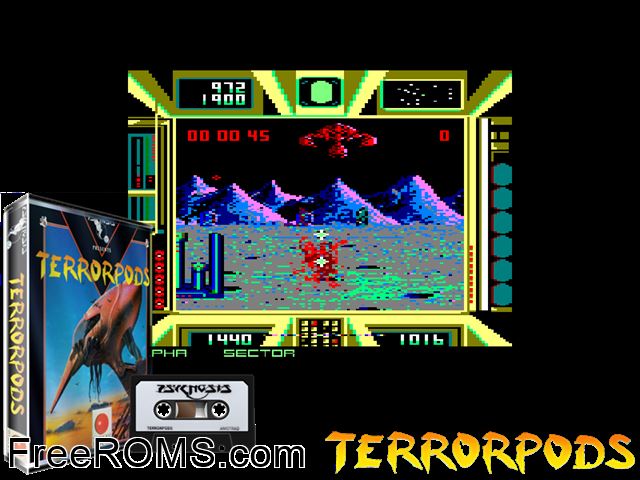 Terror Pods (UK) (1988) Amstrad CPC game showing 3D box cover and gameplay screenshot