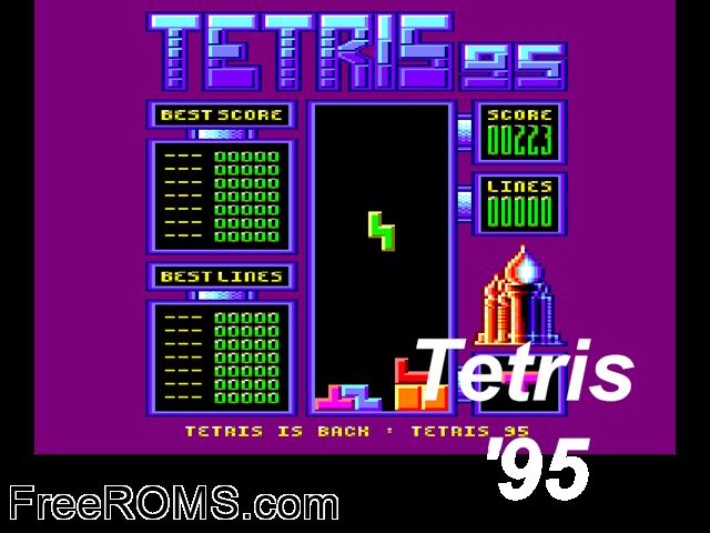 Tetris 95 (UK,F,G) (1995) (PD) Amstrad CPC game showing 3D box cover and gameplay screenshot