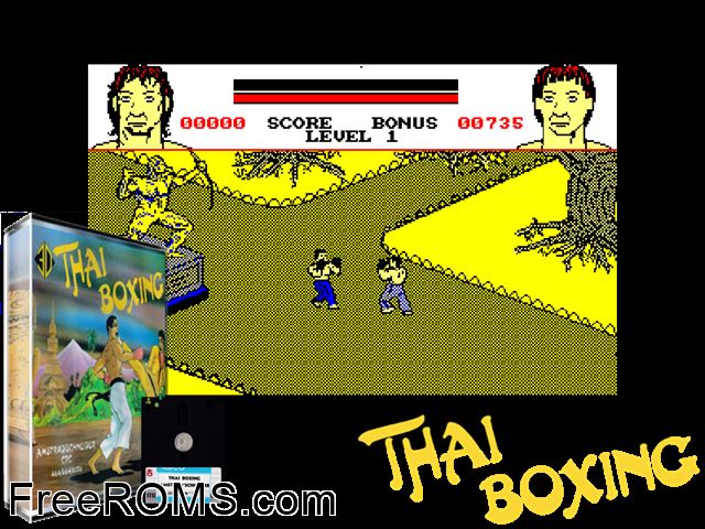 Thai Boxing (UK) (1986) Amstrad CPC game showing 3D box cover and gameplay screenshot