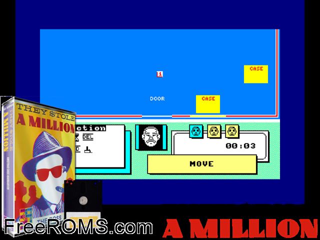 They Stole A Million (UK) (1986) Amstrad CPC game showing 3D box cover and gameplay screenshot