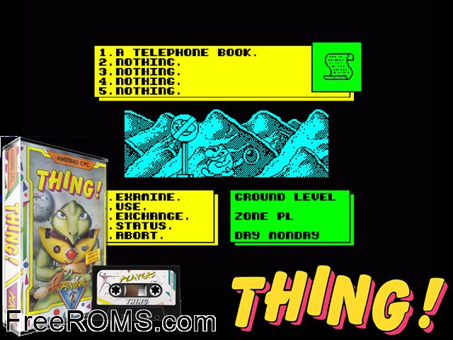Thing (UK) (1988) Amstrad CPC game showing 3D box cover and gameplay screenshot